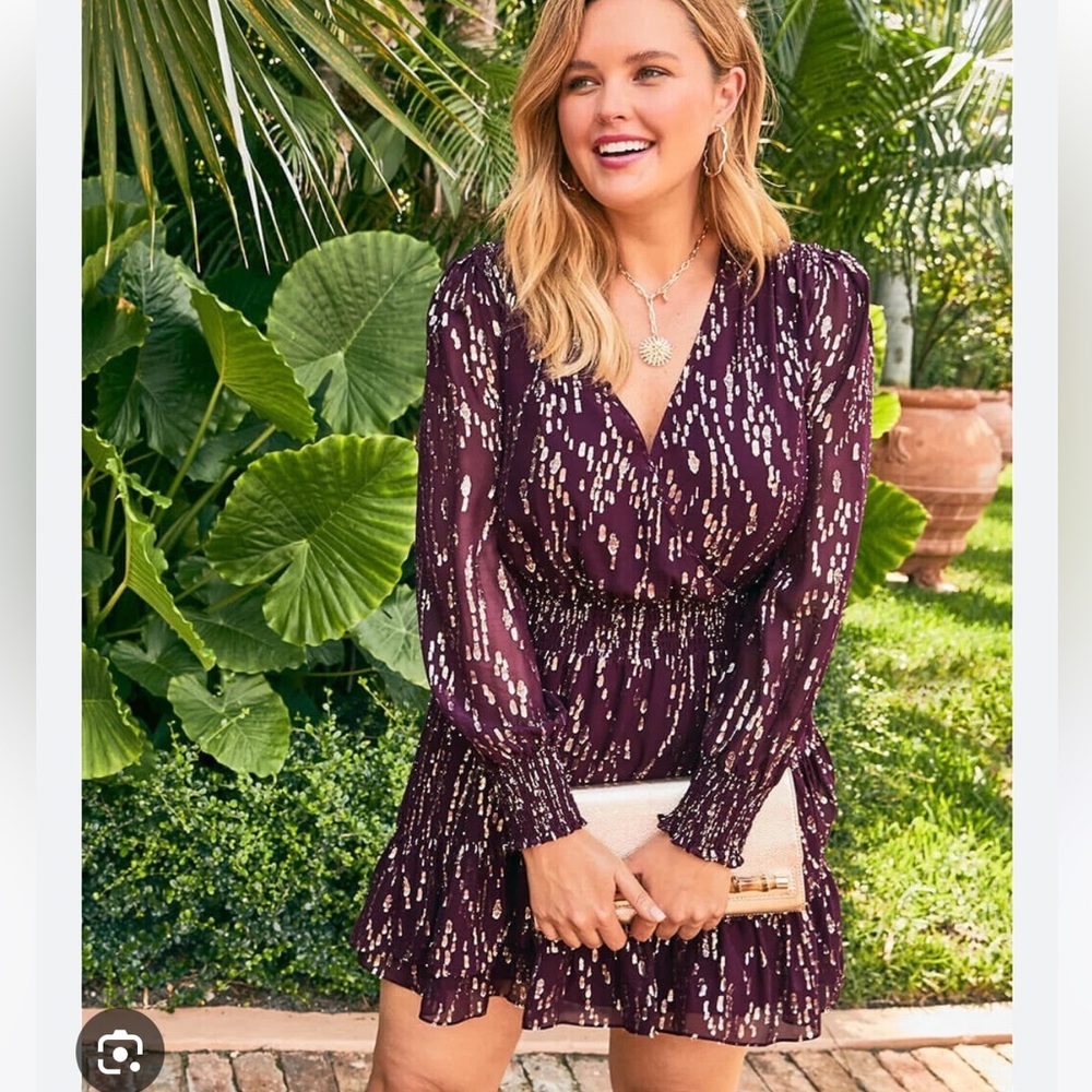 Lilly Pulitzer Cristiana Long Sleeve Purple/Burgundy with Gold Accent Silk Dress